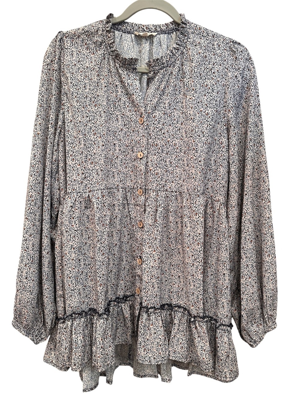 Easel Floral Ruffle Button-Front Blouse Top Tunic Ruffles Feminine Sz M